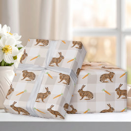 Papel De Presente Lebres Marrons E Cenouras Xadrez Bege Primavera