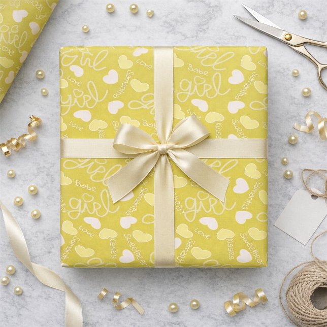 Papel De Presente Lemon Yellow Love (Customizable love notes on lemon yellow wrapping paper. Cute, girly, and ready to make any gift pop.)