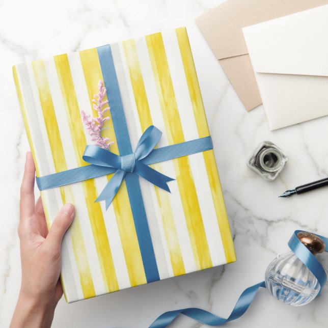 Papel De Presente Lemon Yellow White Stripes Birthday (Presentear)