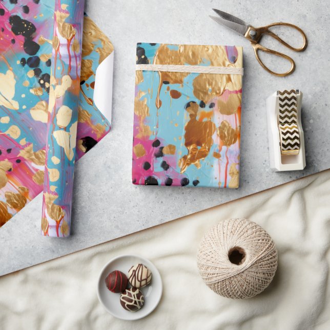 Papel De Presente Leopardo Abstrato cor-de-rosa Dourado Aqua (Artesanato)