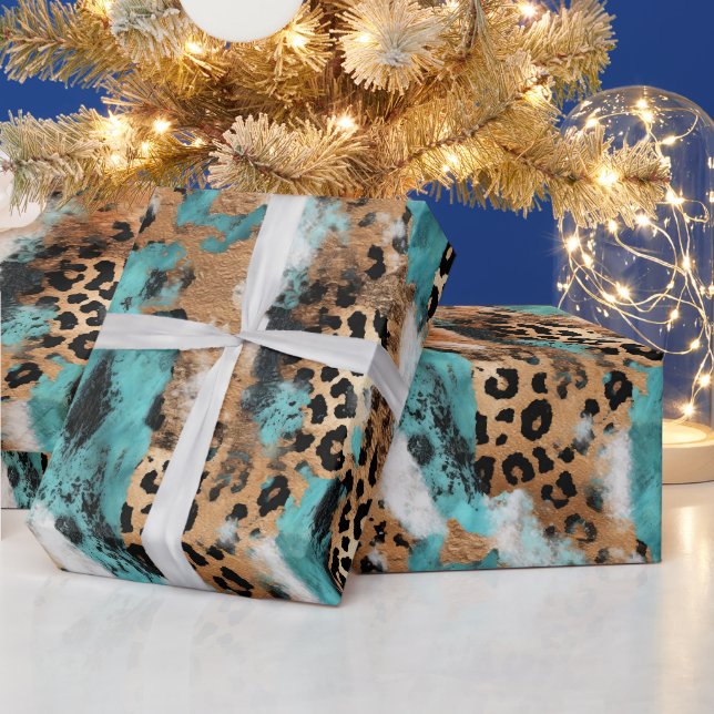 Papel De Presente Leopardo Branco Dourado Turquesa (Feriados)