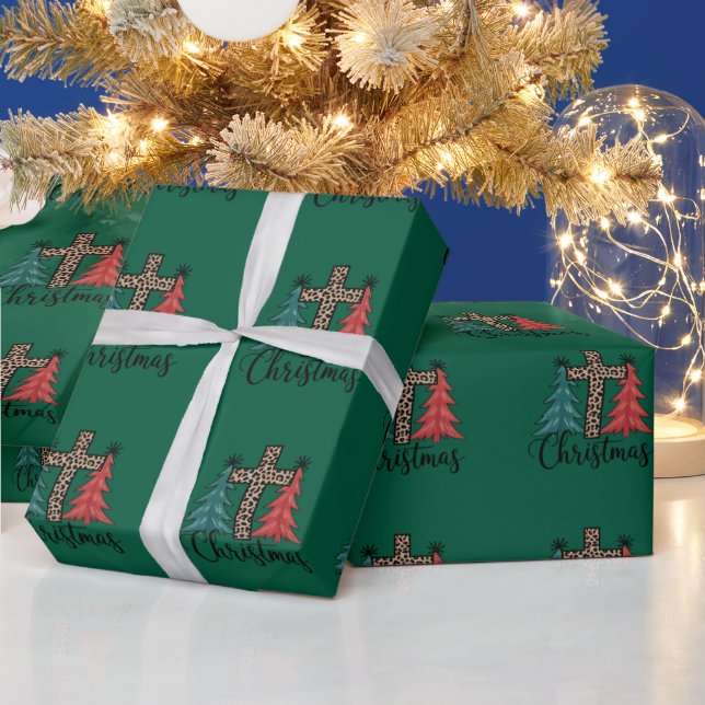 Papel De Presente Leopardo Cruz Árvores de Natal Cristão  (Feriados)