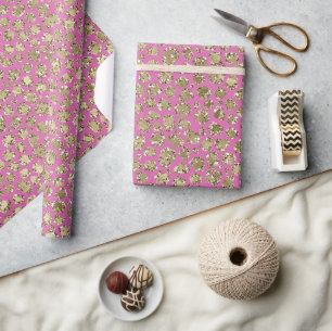 Papel De Presente Leopardo Dourado Glam Cor-de-Rosa