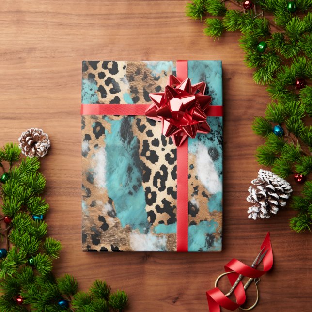 Papel De Presente Leopardo Negro Dourado Turquesa (Presente de Natal)