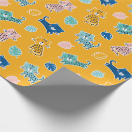 Papel De Presente Leopardos bonitos com folhas de selva na mostarda