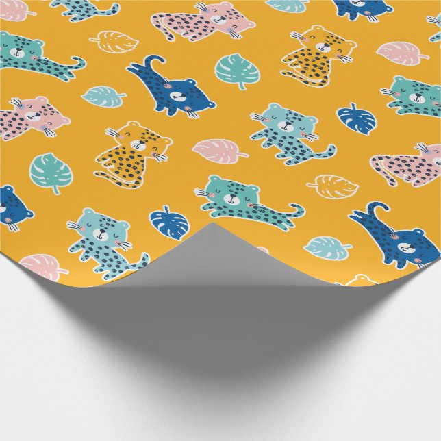 Papel De Presente Leopardos bonitos com folhas de selva na mostarda (Ponta)