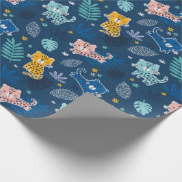 Papel De Presente Leopardos cortados com folhas de azul da selva