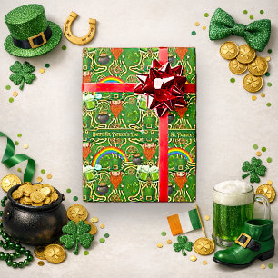 Papel De Presente Leprechaun Vintage e Padrão Celta Verde do Arco-ír