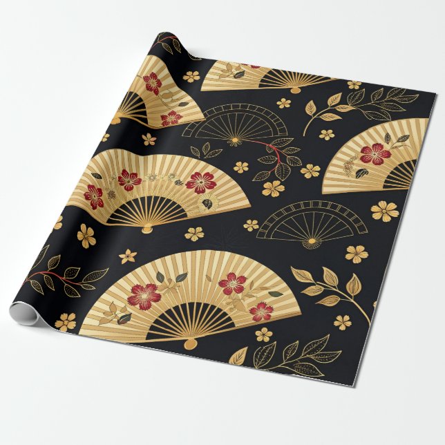 Papel De Presente Leque de Ouro Japonês Padrão Sakura (Desenrolado)