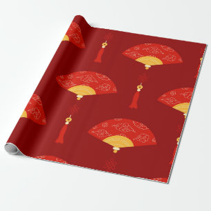 Papel De Presente Leque Decorativo Vermelho e Dourado do Ano Novo Ch