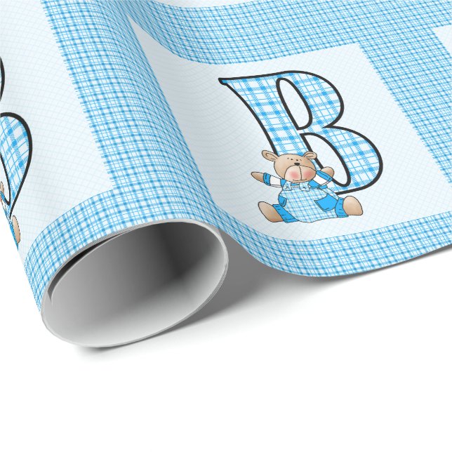 Papel De Presente Letra 'B' para rapazes com Urso de Teddy e Gingham (Ponta do rolo)