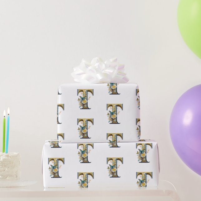 Papel De Presente Letra floral elegante boêmia T (Presentes para festas)