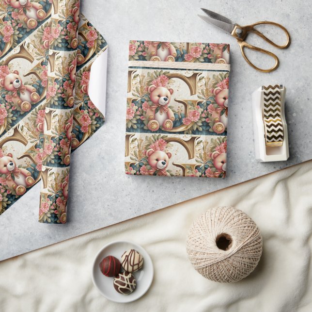 Papel De Presente Letra FLoral Teddy Bear G (Artesanato)