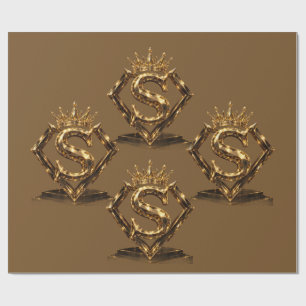 Papel De Presente Letra S Dourada de Luxo Coroa Monograma Diamante