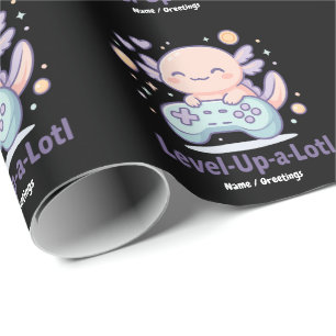 Papel De Presente Level-Up-a-Lotl Fofo Axolote Gamer Kawaii Confortá