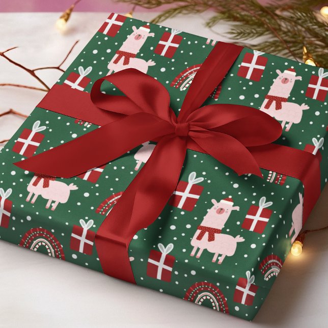 Papel De Presente Lhamas de Natal Arco-íris Presentes Vermelho Verde (Criador carregado)