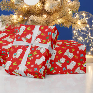 Papel De Presente Lhamas Festivos de Natal em Vermelho