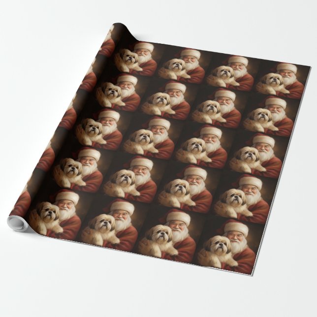 Papel De Presente Lhasa Apso Com Papai Noel Natal Festivo (Desenrolado)