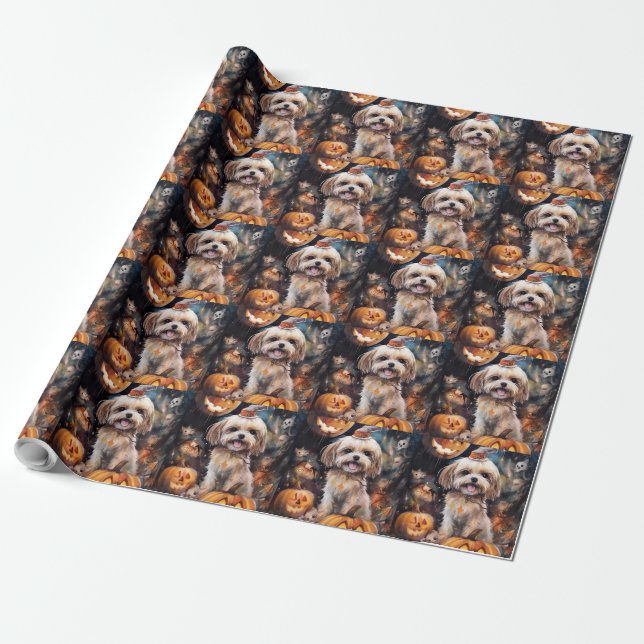 Papel De Presente Lhasa Apso de Halloween com Abóboras Assustadoras  (Desenrolado)