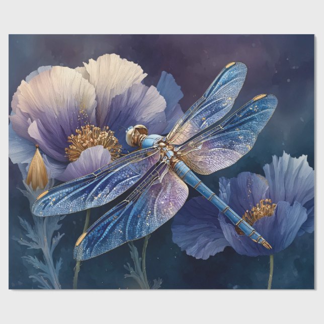 Papel De Presente Libélula Azul com Decoupage de Asas Douradas (Aberto)
