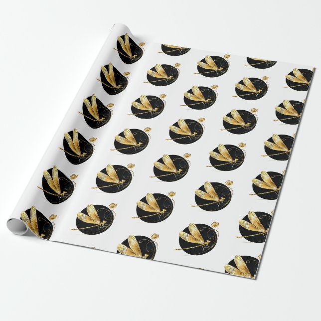 Papel De Presente libélula ouro em círculo preto (Desenrolado)