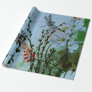 Papel De Presente Libélulas contemporâneas da Prata-asa/florais