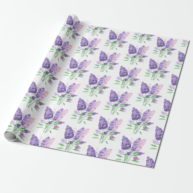 Papel De Presente Lilacs Flores Roxas Padrão Natural De Aquarela (Desenrolado)
