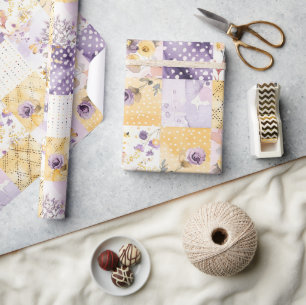 Papel De Presente Lilás Amarelo Colcha Xadrez Cottagecore Floral