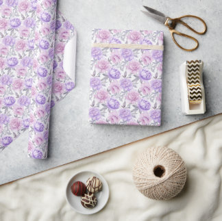 Papel De Presente Lilás e Rosa Peônia Floral Romântica