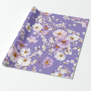 Papel De Presente Lilás Flor Ditsy Branco Pastel Boho Vintage 70s