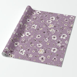 Papel De Presente Lilás Flor Ditsy Branco Pastel Boho Vintage 70s
