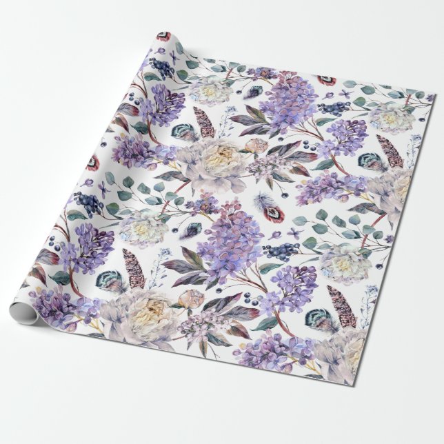 Papel De Presente Lilases e Flores de Peônia (Desenrolado)