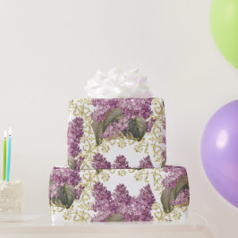 Papel De Presente Lilases Elegantes com Floral de Filigrana Dourada