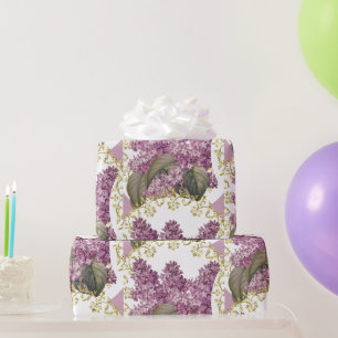 Papel De Presente Lilases Elegantes com Floral de Filigrana Dourada