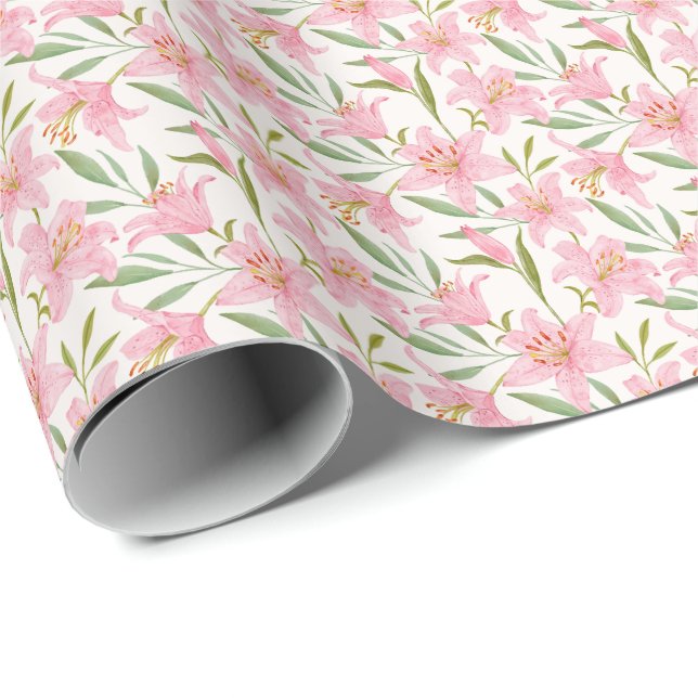 Papel De Presente Lily floral verde-rosa pastel (Ponta do rolo)