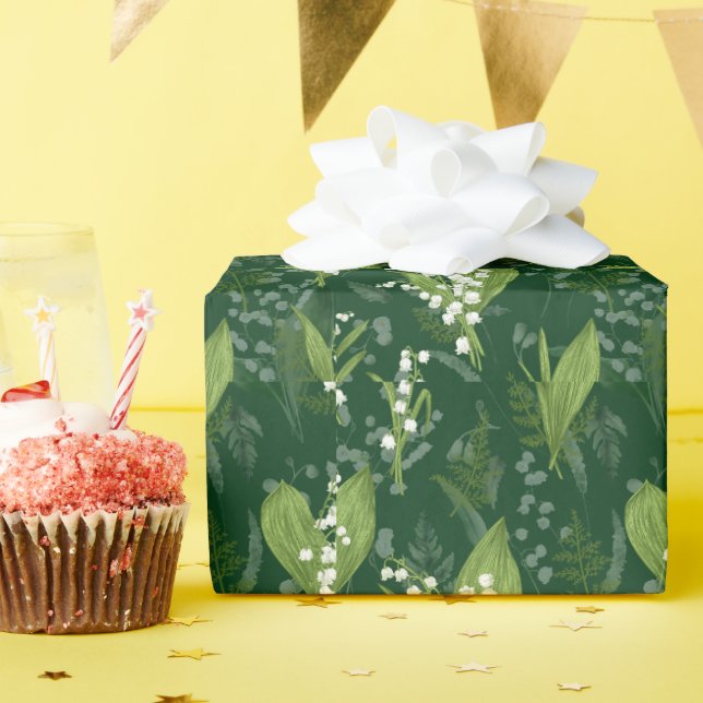 Papel De Presente Lily of Valley com Ferns | Verde Escuro (Festa de aniversário)