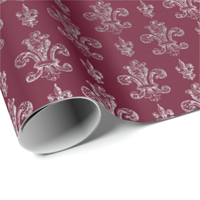Papel De Presente Lily Royal Damask Maroon Burgundy Silver (Ponta do rolo)