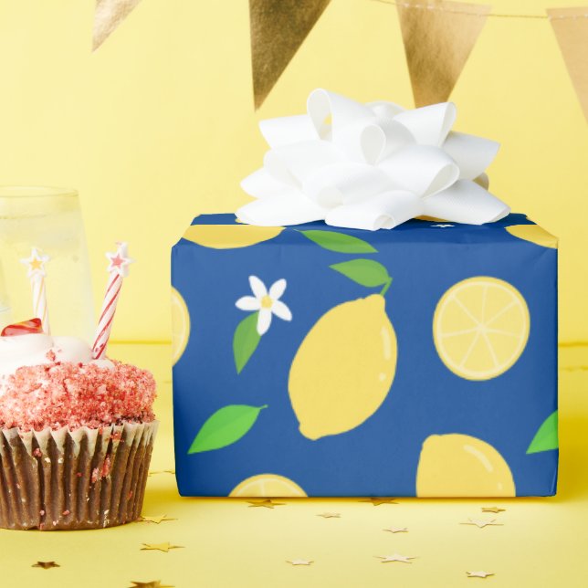 Papel De Presente Limão Floral Clássico Marinho Quic Simples (Festa de aniversário)