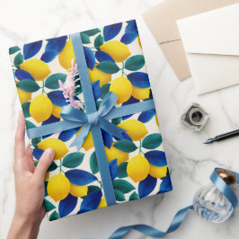 Papel De Presente Limão Vibrante e Folhas Azuis Padrão de Aquarela