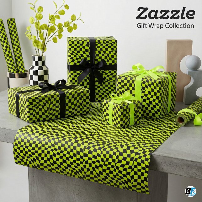 Papel De Presente Lime Green Black Warped Checkerboard Trippy Patter (Criador carregado)