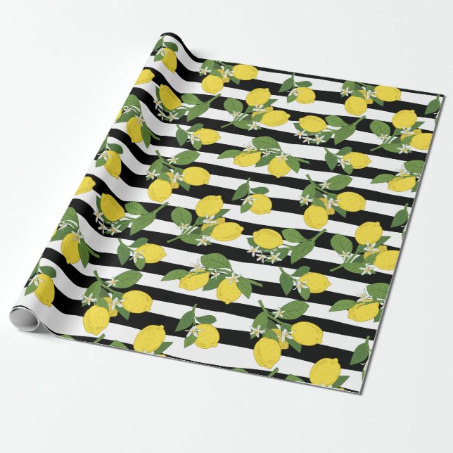 Papel de Presente Limões Amarelo Listras Pretas (Desenrolado)