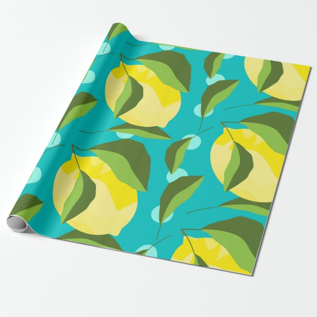 Papel De Presente Limões amarelos com folhas verdes com padrão sem c (Desenrolado)