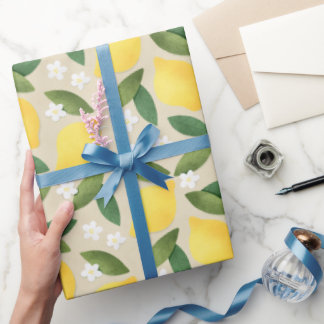 Papel De Presente Limões Amarelos, Folhas Verdes e Flores Brancas