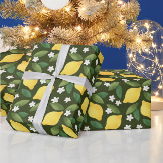 Papel De Presente Limões Amarelos, Folhas Verdes e Flores Brancas