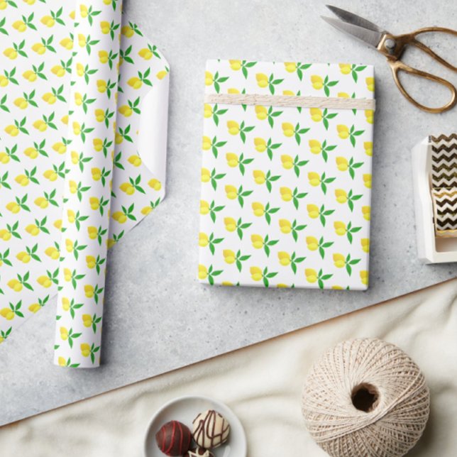 Papel De Presente Limões Amarelos Folhas Verdes Fundo Branco (Springtime fresh!)