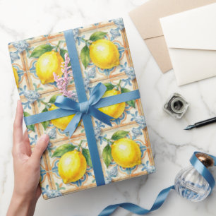 Papel De Presente Limões de Amalfi, Diamantes e Azulejos Mediterrâne