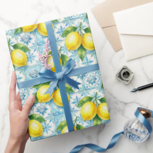 Papel De Presente Limões de Amalfi, Diamantes e Azulejos Mediterrâne