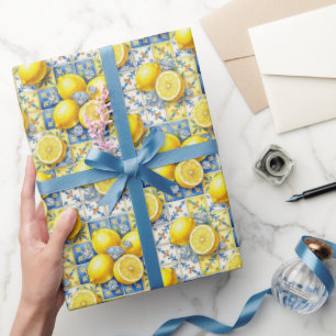 Papel De Presente Limões de Amalfi, Diamantes e Azulejos Mediterrâne