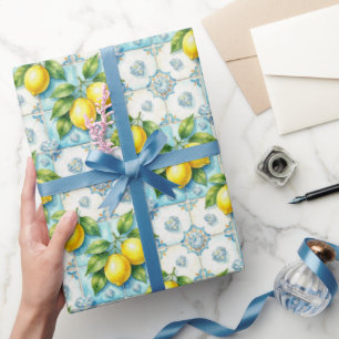 Papel De Presente Limões de Amalfi, Diamantes e Azulejos Mediterrâne