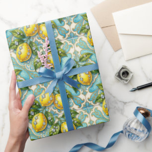 Papel De Presente Limões de Amalfi, Diamantes e Azulejos Mediterrâne